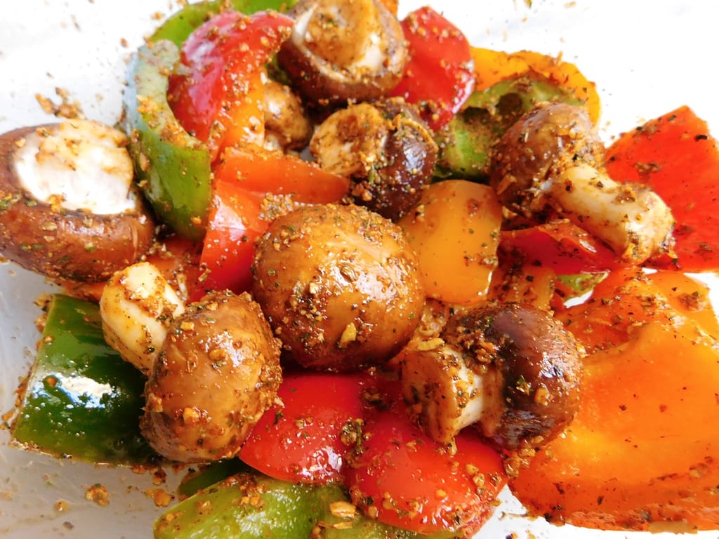 Assorted veggies tossed in vegetable oil and McCormick seasonings