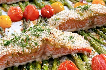 Crispy Sheet Pan Salmon Asparagus and Cherry Tomatoes