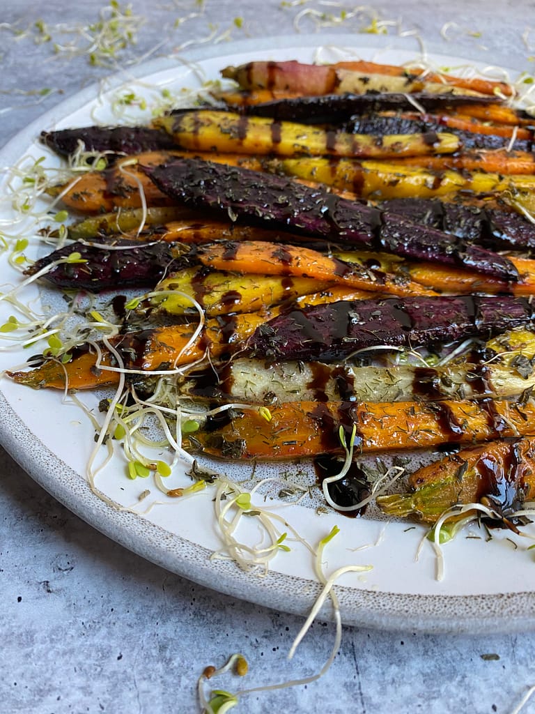 Plated Garlic Roasted Carrots with Balsamic Glaze