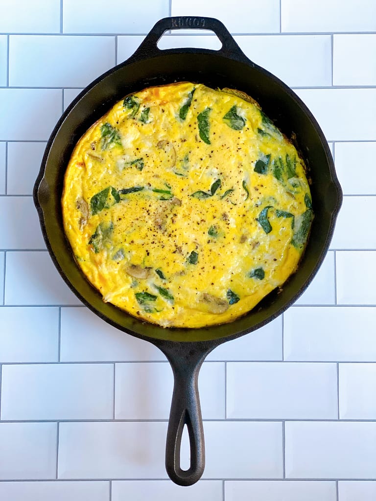 The Spinach, Mushroom and Smoked Salmon Cheese Frittata before the salmon is added