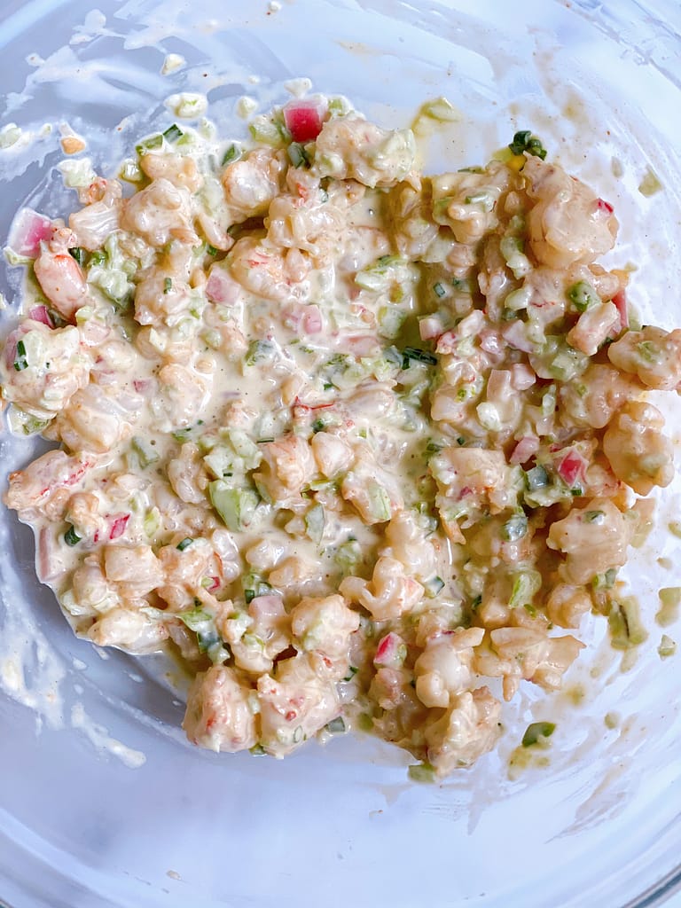 The filling for the Mini Shrimp Rolls in a large glass bowl
