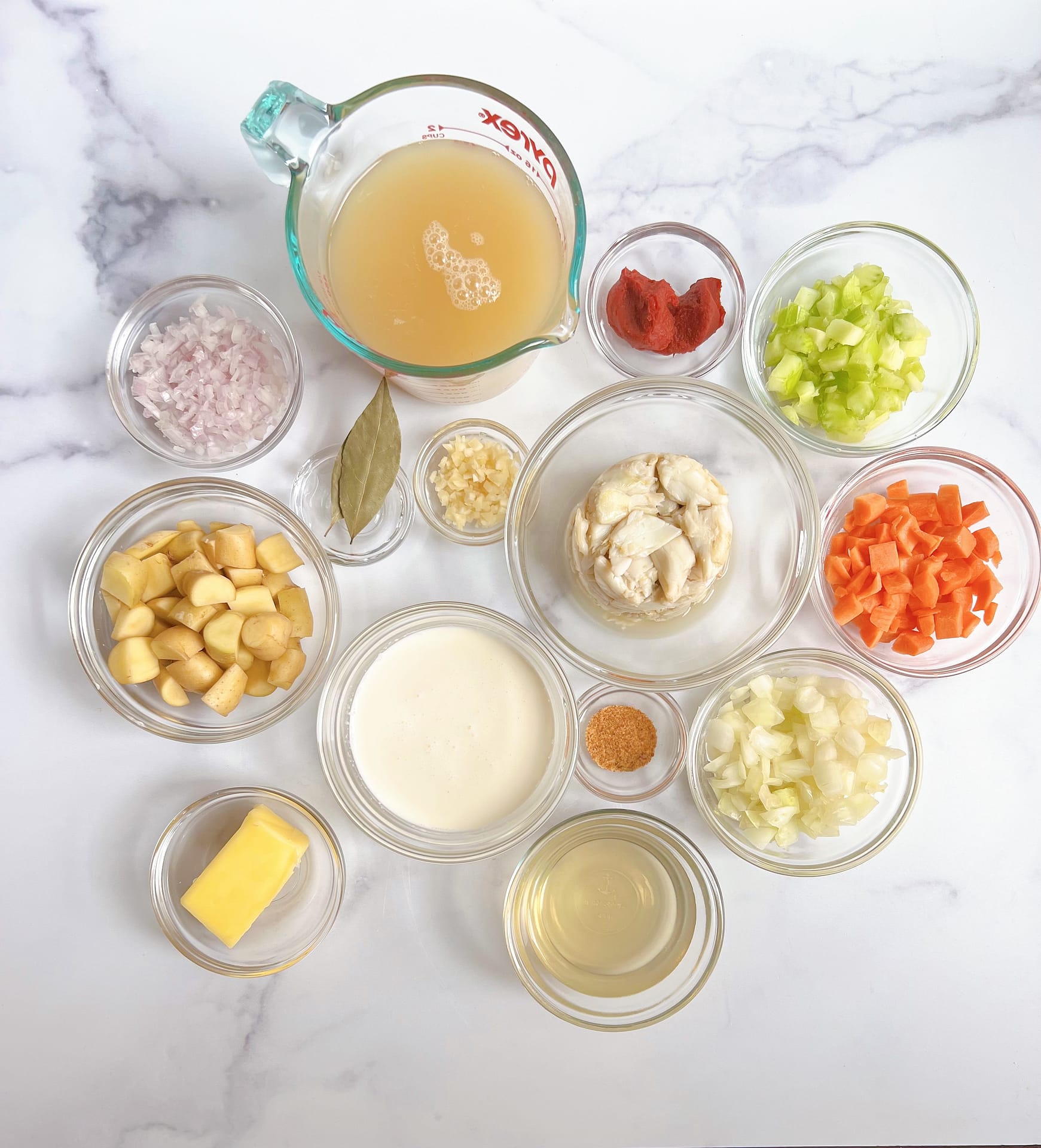 Overhead view of crab bisque ingredients